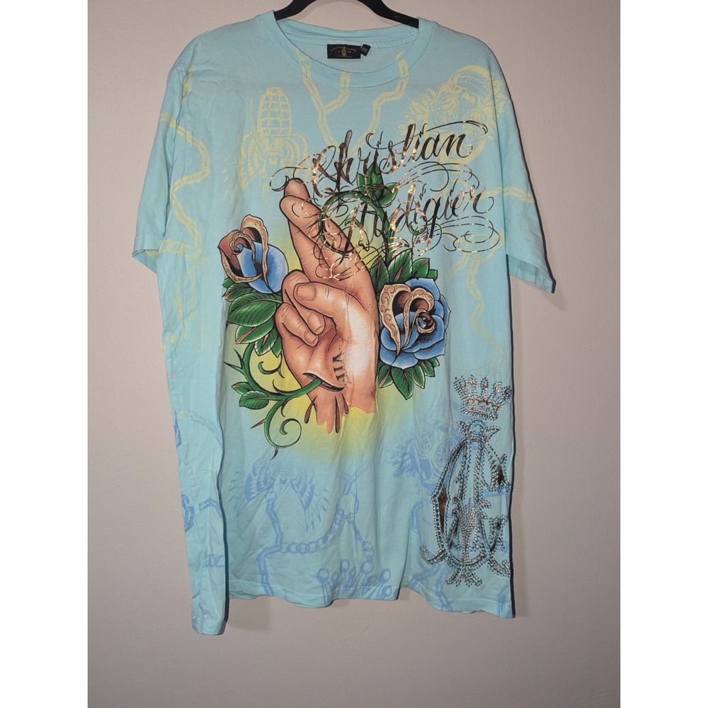 XXL Christian Audigier Y2K Fingers Crossed Embellished Men's Top